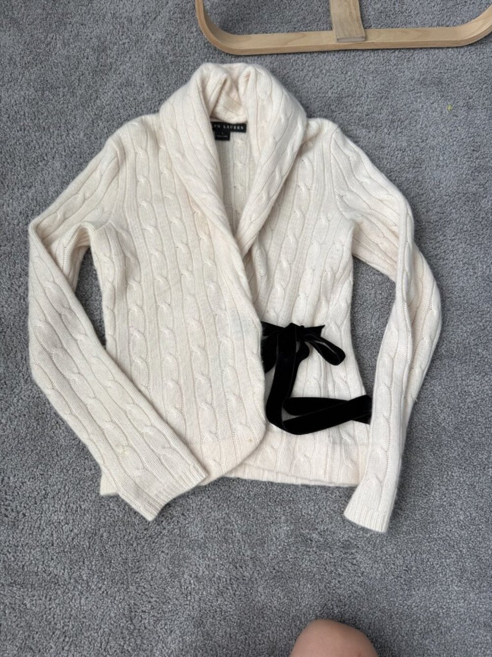 Ralph Lauren Cable Knit Shawl Collar Cardigan Velvet Tie Cream size L